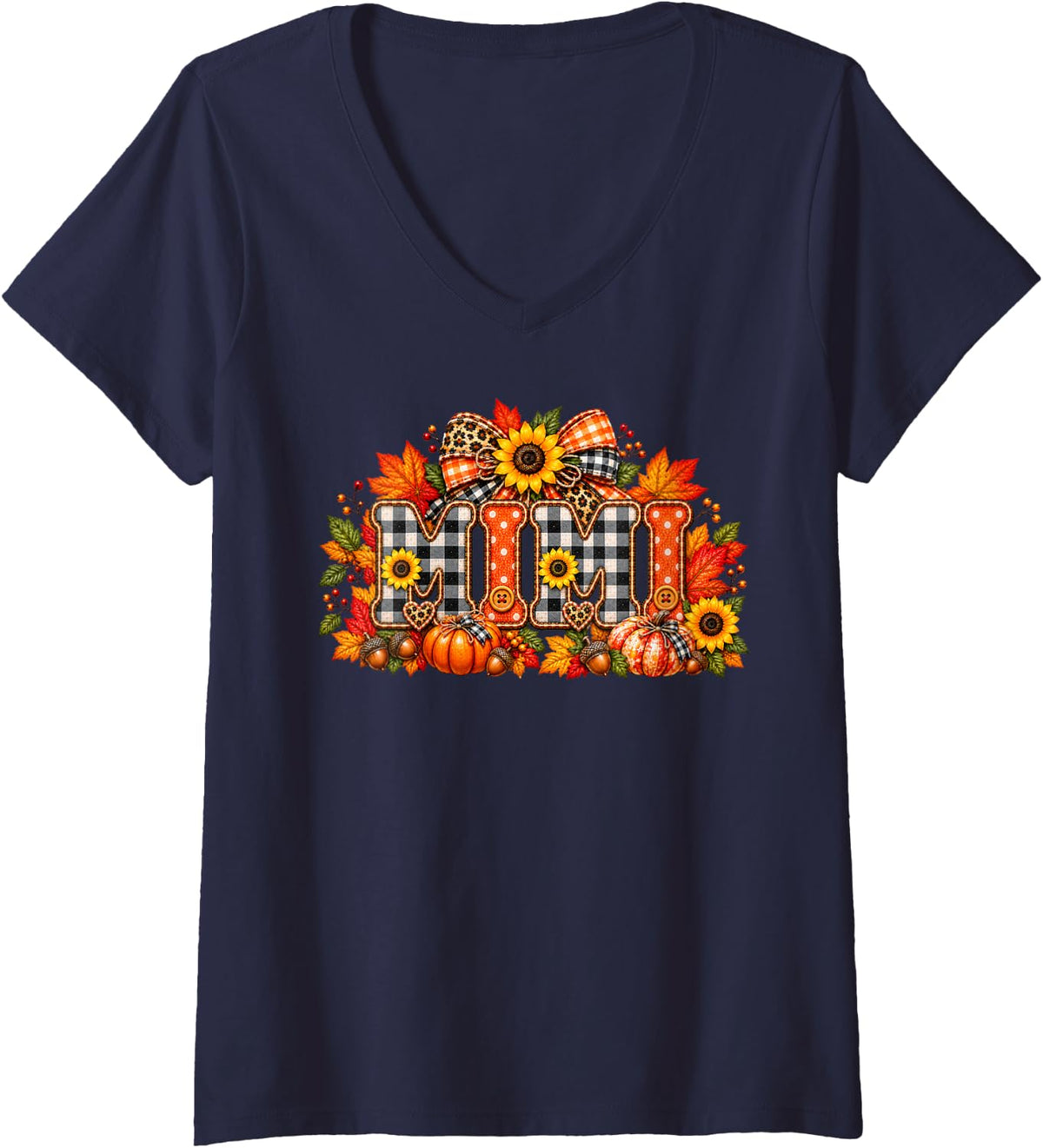 Women's Mimi Fall Harvest-Themed Proud Grandma Cute Mimi Fall Season V-Neck T-Shirt - Navy Blue