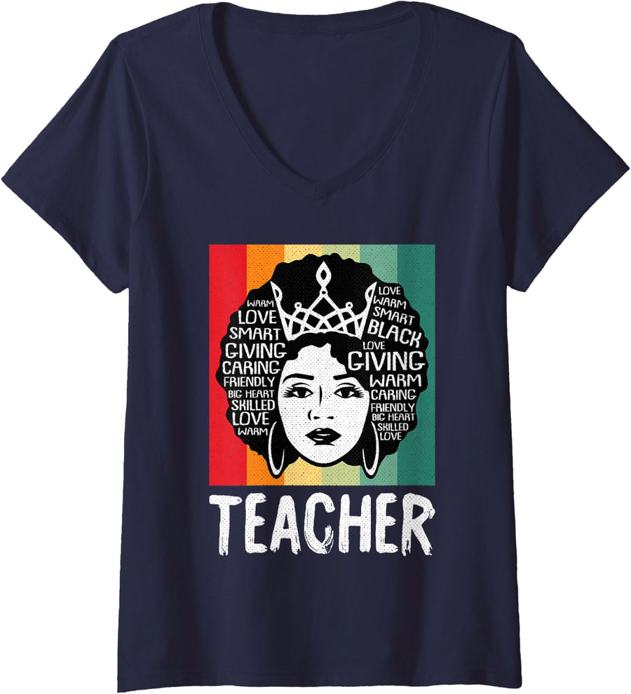 Women's Black Teacher Black Lives Matter Afro Melanin Women Gift V-Neck T-Shirt - Navy Blue