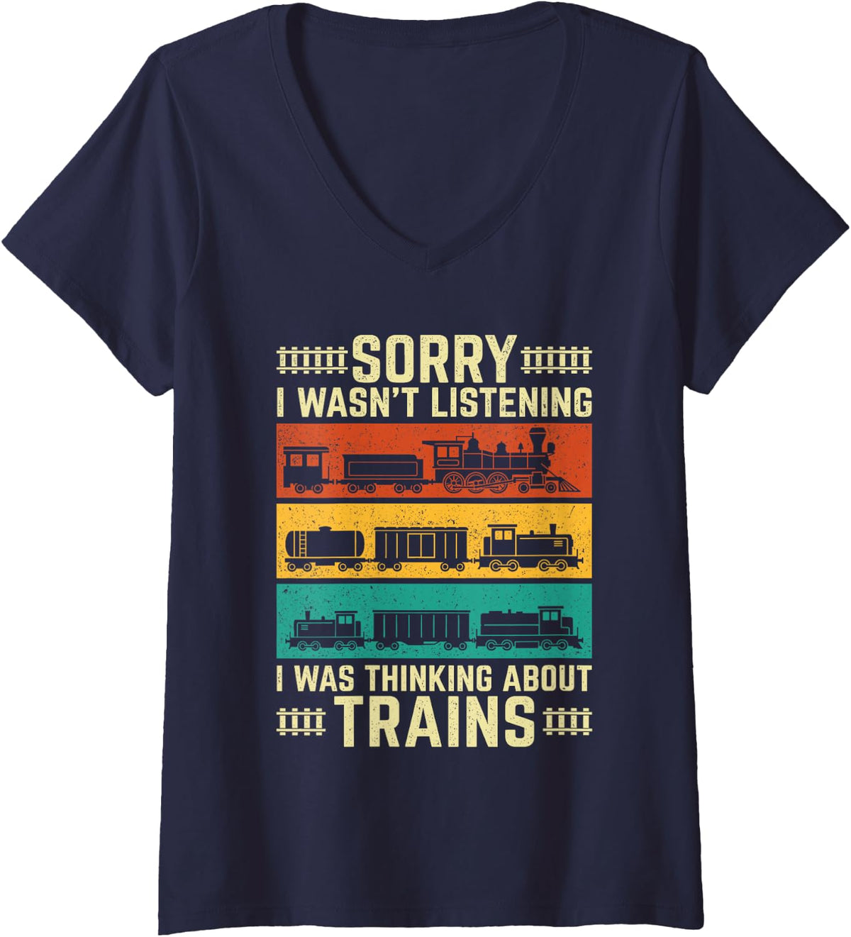 Women's I was Thinking About Trains - Train Lover Railroad Railfan V-Neck T-Shirt - Navy Blue