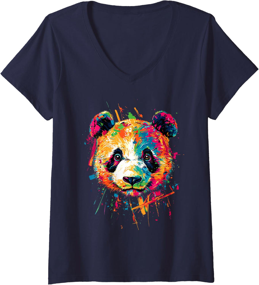 Women's Panda Bear Giant Panda Great Pandas Love Cute Panda Bear V-Neck T-Shirt - Navy Blue