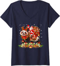 Women's Xmas Decor Funny Santa Riding Panda Christmas V-Neck T-Shirt - Navy Blue