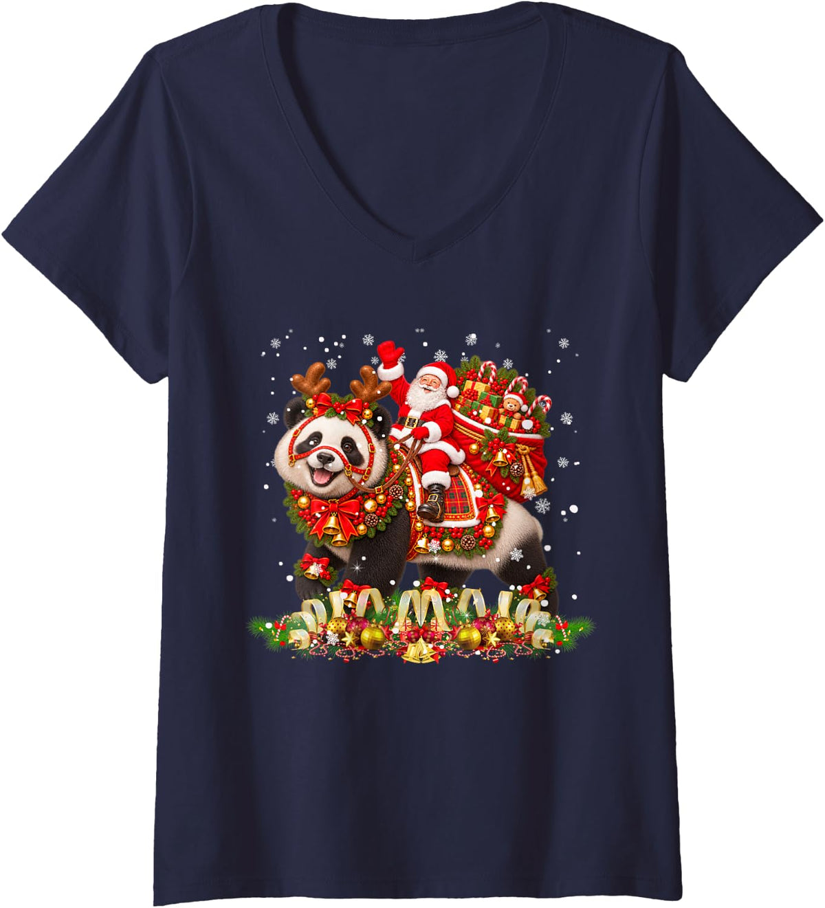 Women's Xmas Decor Funny Santa Riding Panda Christmas V-Neck T-Shirt - Navy Blue