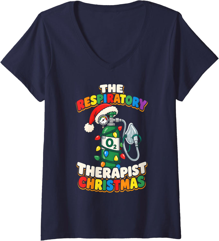 Women's Respiratory Therapist Christmas Oxygen Santa Hat Lights V-Neck T-Shirt - Navy Blue