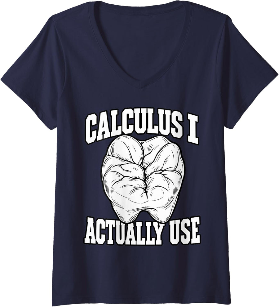 Women's Dental Hygienist Calculus I Actually Use Perio Nerd Tooth V-Neck T-Shirt - Navy Blue