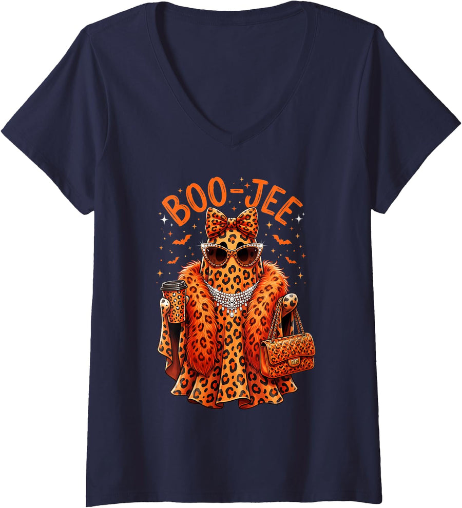 Women's Boo JEE Halloween Ghost Costume Boujee Spooky Season V-Neck T-Shirt - Navy Blue