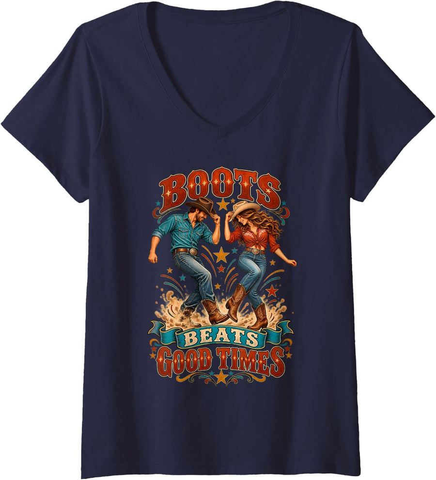 Women's Boots Beats Good Times Line Dance Western Dance V-Neck T-Shirt - Navy Blue