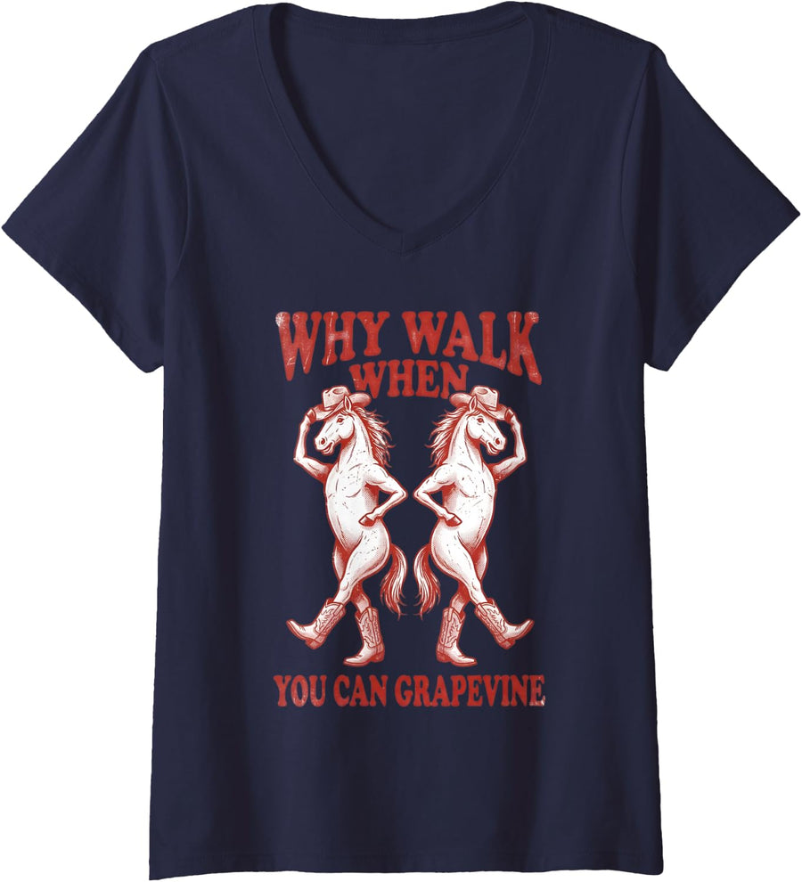 Women's Line Dance Horse Line Dancing Line Dancer V-Neck T-Shirt - Navy Blue