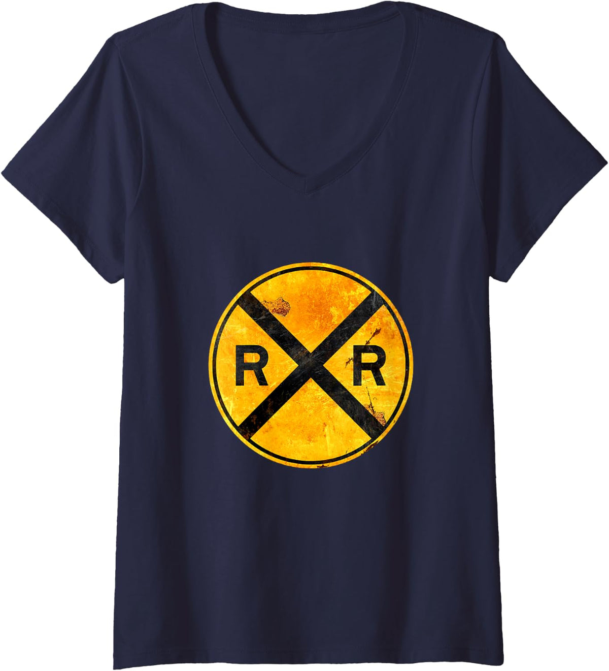 Women's Railroad Crossing - Train Lover Railroad Steam Locomotive V-Neck T-Shirt - Navy Blue