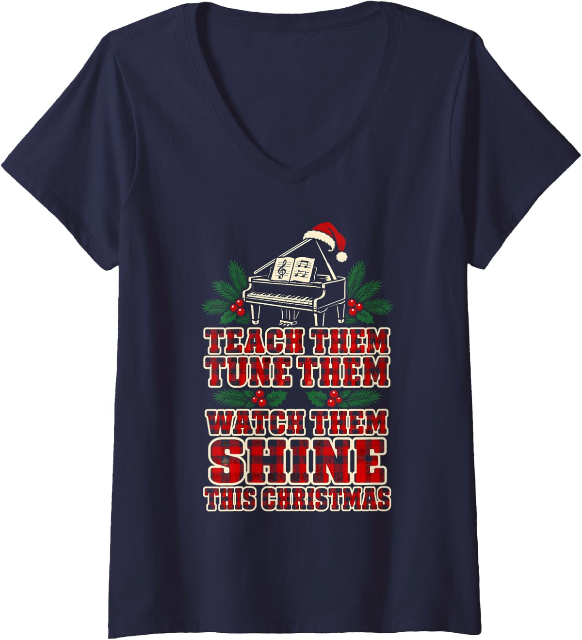 Women's Teach Them Tune Them Music Teacher Christmas Buffalo Plaid V-Neck T-Shirt - Navy Blue