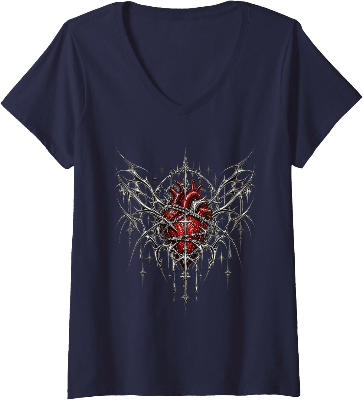 Women's Y2K Grunge Goth Emo Alt Cyber Heart Sigilism Gothic V-Neck T-Shirt - Navy Blue