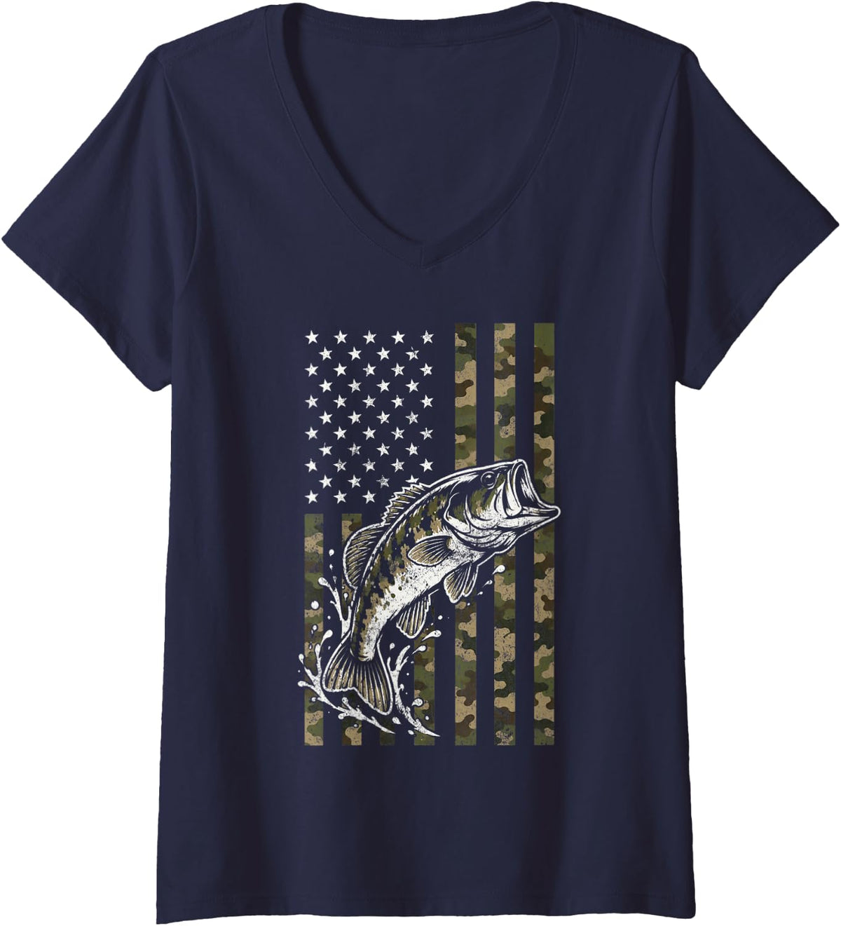 Women's American Flag Bass Fishing Camo Fisherman Angler Fish Lover V-Neck T-Shirt - Navy Blue