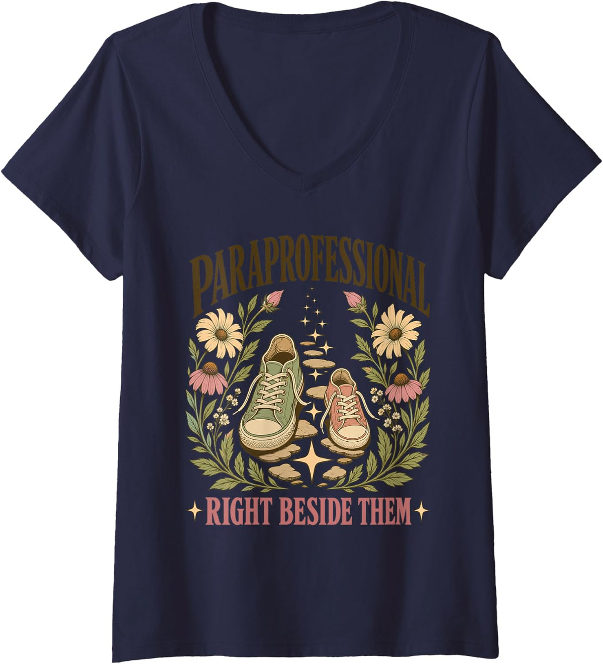 Women's Paraprofessional Right Beside Them Sped Teacher V-Neck T-Shirt - Navy Blue
