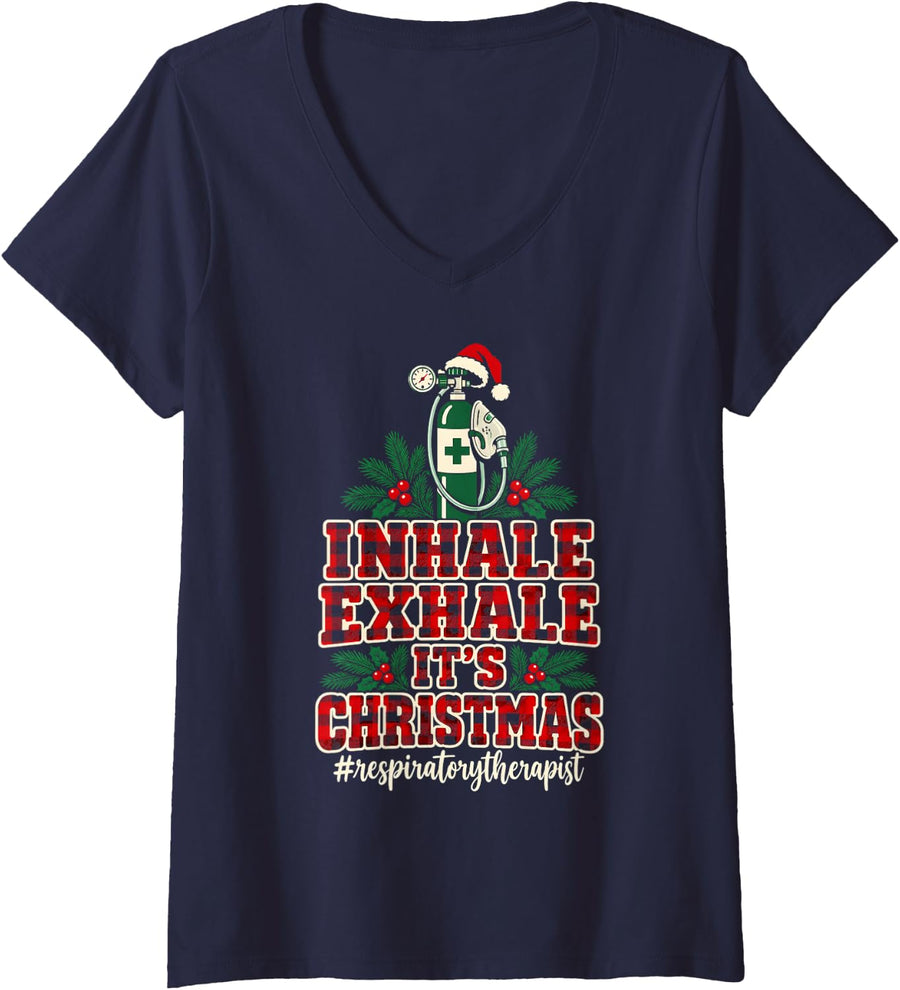 Women's Inhale Exhale It's Christmas Respiratory Therapist Christmas V-Neck T-Shirt - Navy Blue