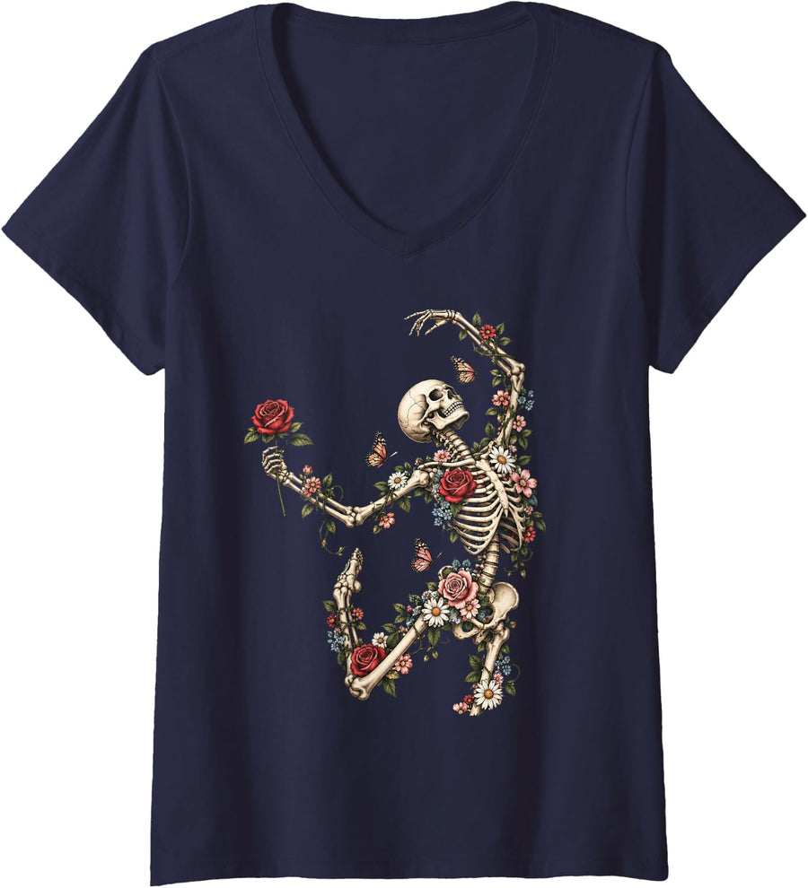 Women's Dancing Skeleton Roses Goth Floral Halloween Dark Nature V-Neck T-Shirt - Navy Blue