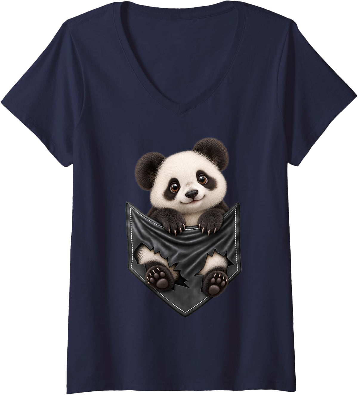 Women's Funny Panda Pocket for Men and Women Cute Animal Graphic V-Neck T-Shirt - Navy Blue