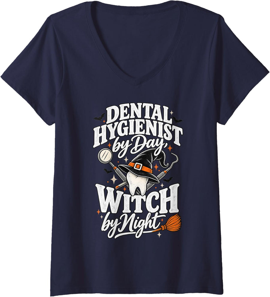 Women's Dental Hygienist by Day Witch by Night Funny Halloween V-Neck T-Shirt - Navy Blue