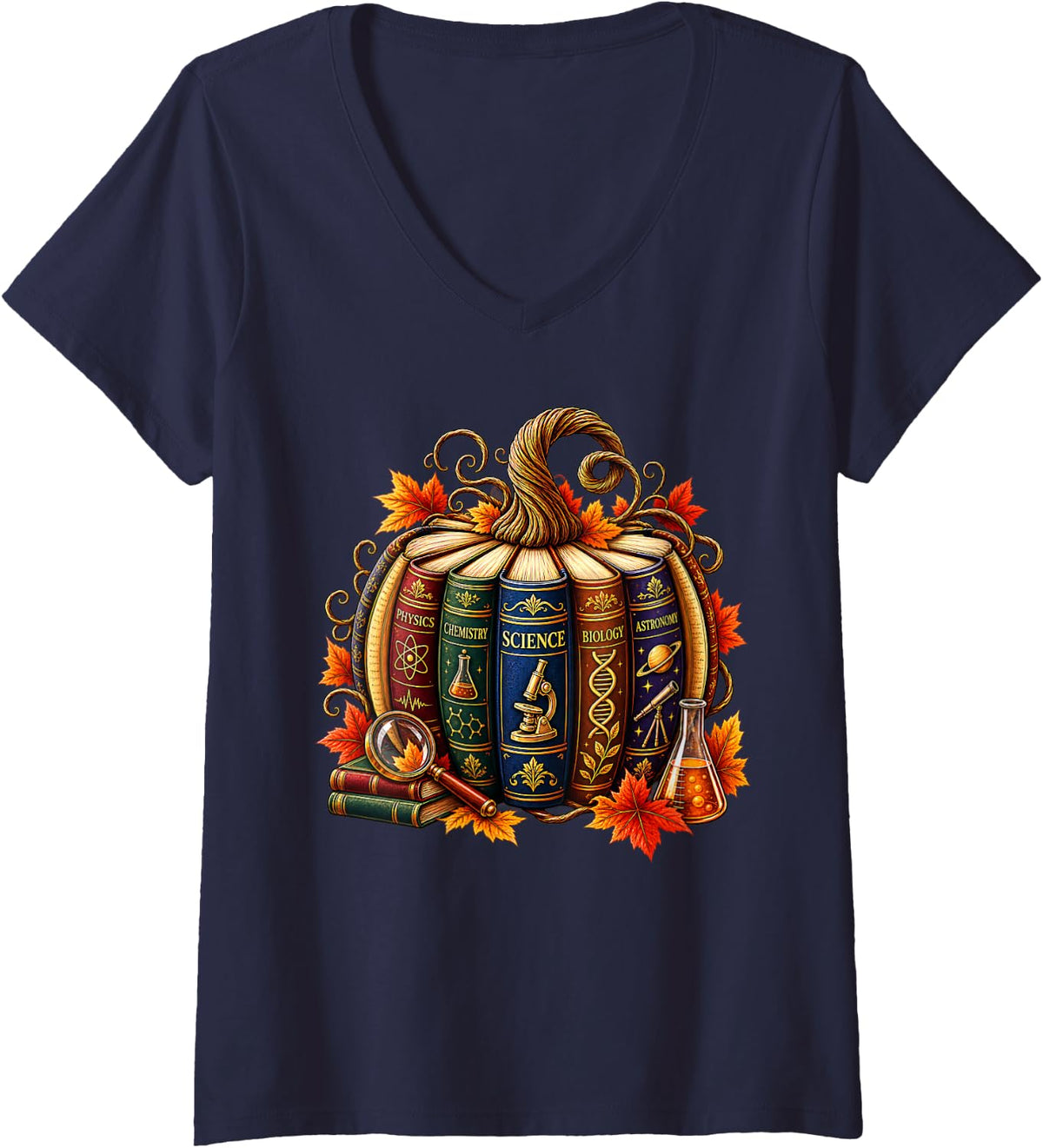 Women's Science Lover Fall Reading Pumpkin Halloween Teacher Kids V-Neck T-Shirt - Navy Blue