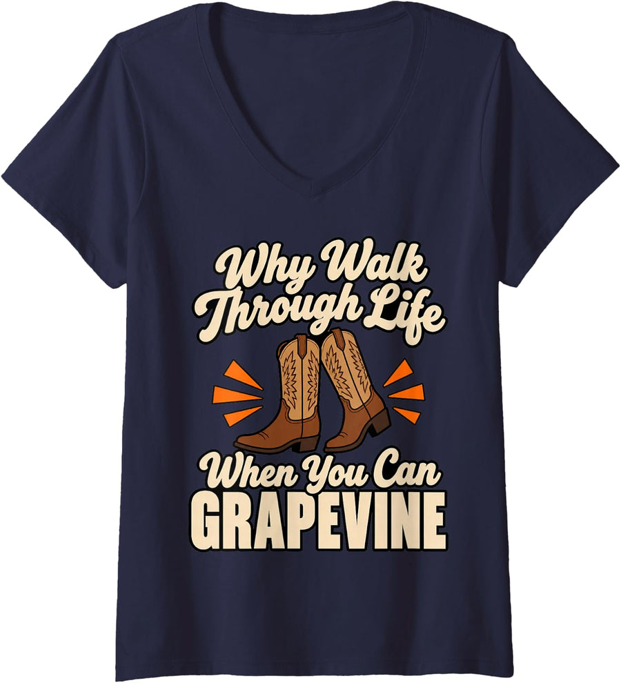 Women's Line Dancing Why Walk When You Can Grapevine Boots Western V-Neck T-Shirt - Navy Blue