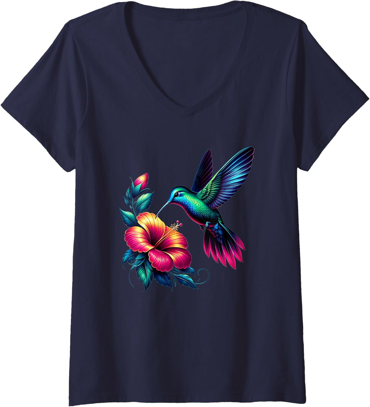 Womens Bird Hummingbird V-Neck T-Shirt - Navy Blue