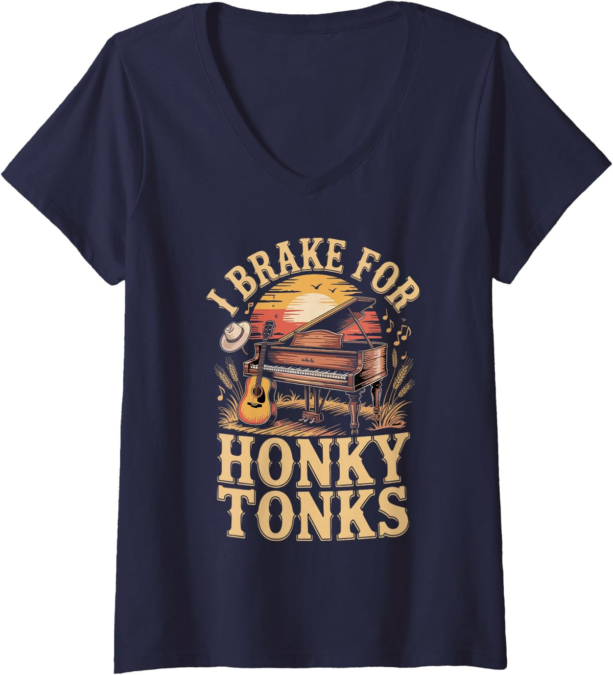 Women's I Brake for Honky Tonks Country Music Line Dancing V-Neck T-Shirt - Navy Blue