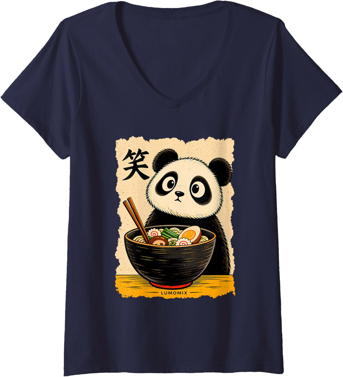 Women's T-Shirt Kawaii Panda Ramen Japanese Food Vintage V-Neck T-Shirt - Navy Blue