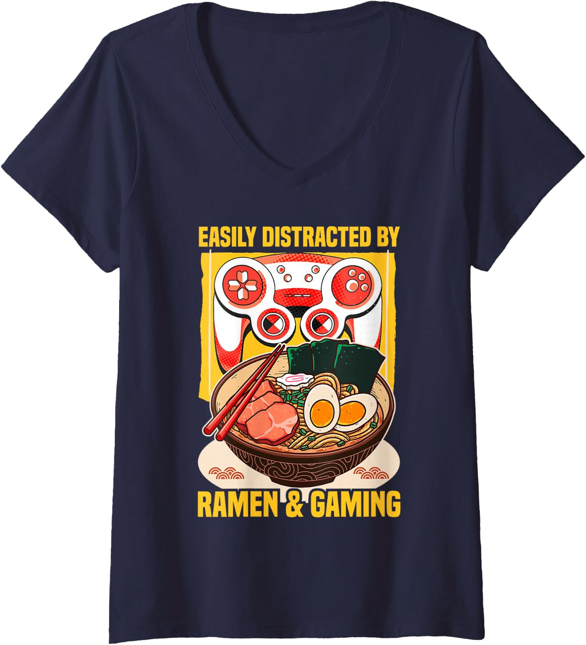 Women's Anime Gaming Ramen Lover Gamer Men Women Kids V-Neck T-Shirt - Navy Blue