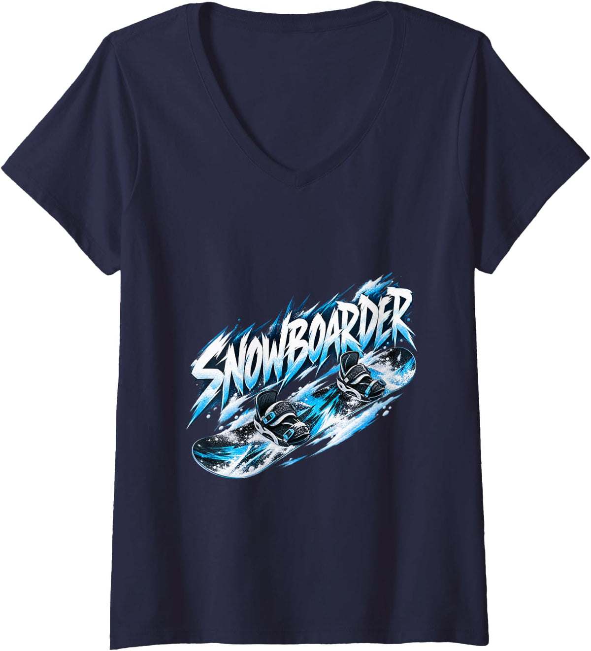 Women's Snowboarder Snowboard Rider Powder Seasonal Artwork V-Neck T-Shirt - Navy Blue