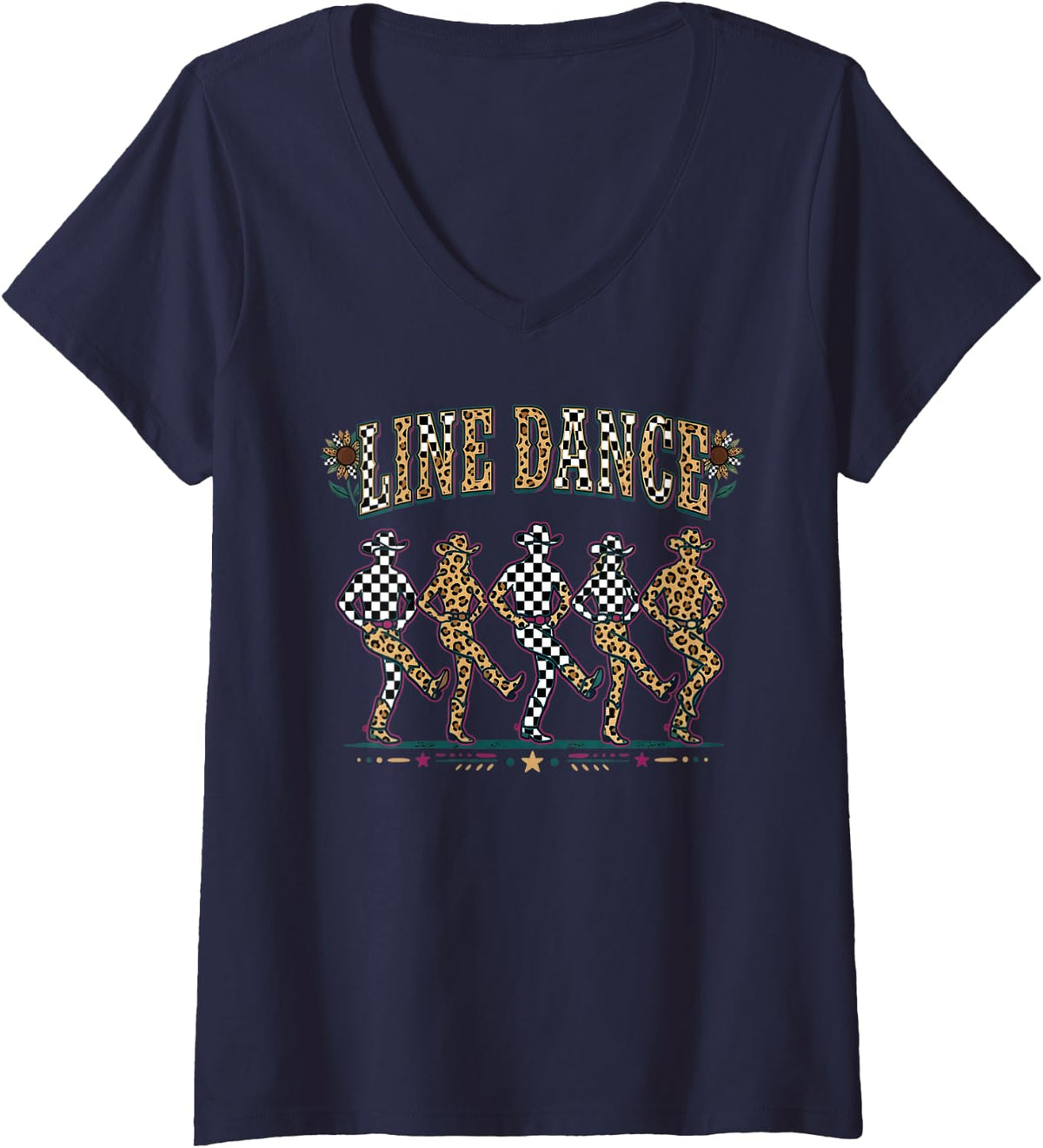 Women's Line Dancing Leopard Line Dancer Line Dance V-Neck T-Shirt - Navy Blue