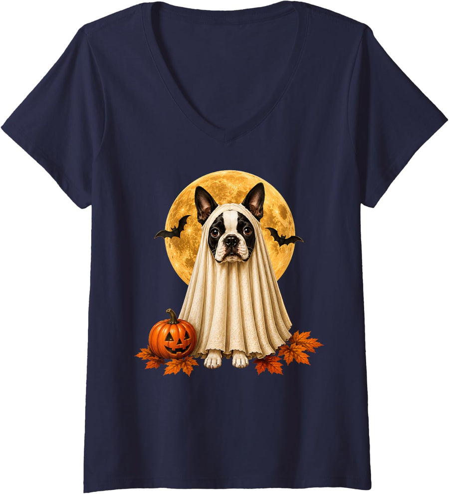 Women's Boston Terrier Ghost and Pumpkins Cute Halloween Dog Humor V-Neck T-Shirt - Navy Blue
