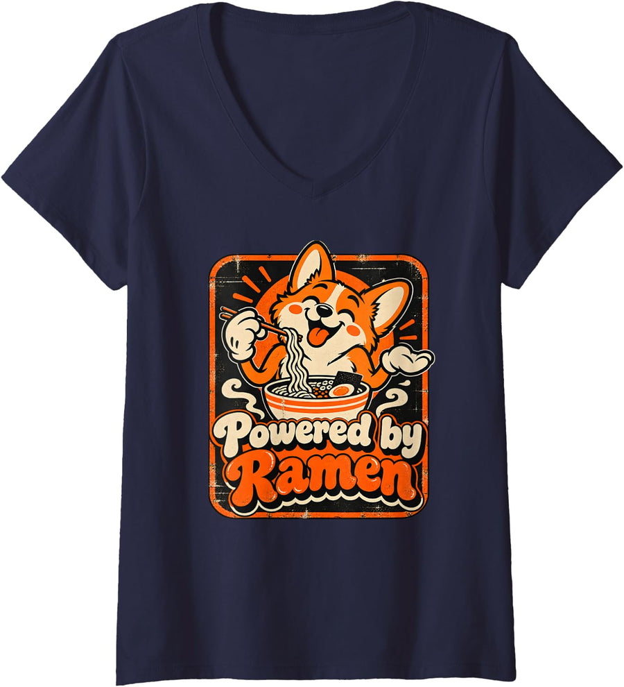 Women's Powered by Ramen Retro Style Corgi Cartoon Vintage Art V-Neck T-Shirt - Navy Blue