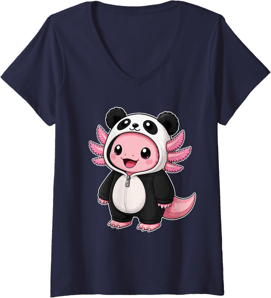 Women's Kawaii Axolotl in a Panda Costume for Girls Kids Panda V-Neck T-Shirt - Navy Blue