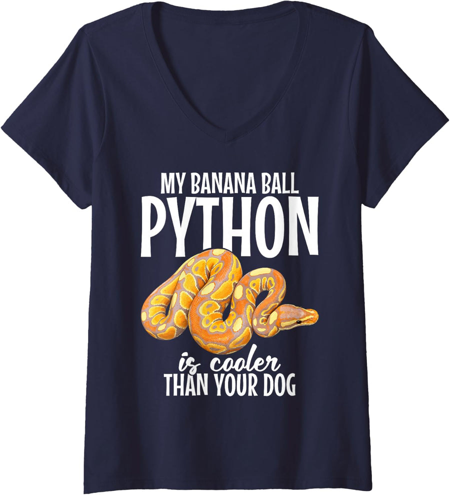 Women's Ball Python Lover Snake Enthusiast Cooler Banana Ball Python V-Neck T-Shirt - Navy Blue