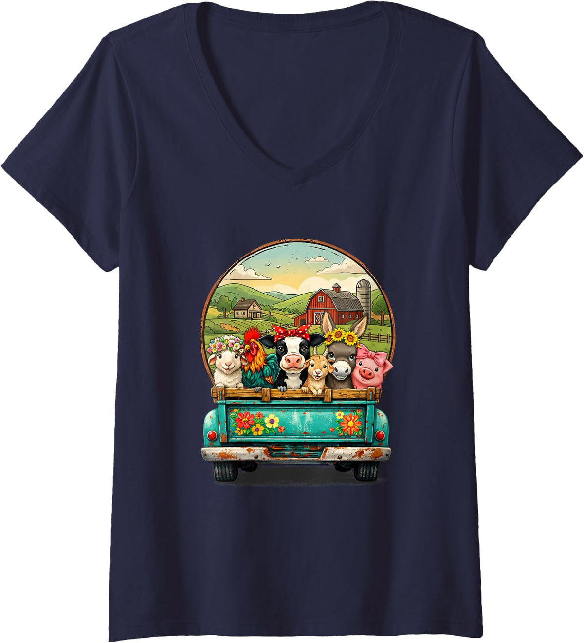 Women's Farm Animals Turquoise Pickup Truck Country Life Farmer Wife V-Neck T-Shirt - Navy Blue