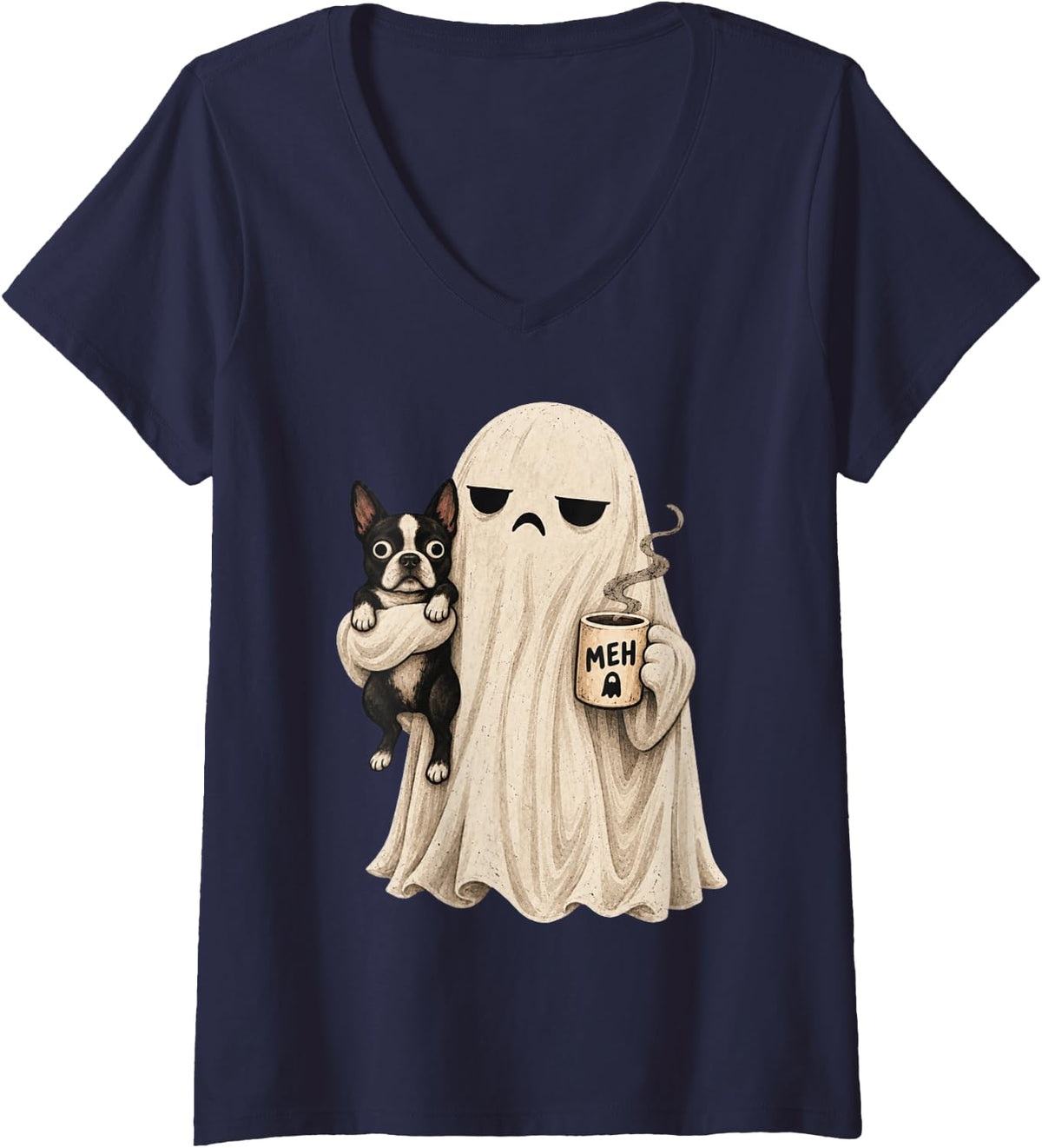 Women's Grumpy Ghost Boston Terrier Holding Coffee Spooky Design V-Neck T-Shirt - Navy Blue
