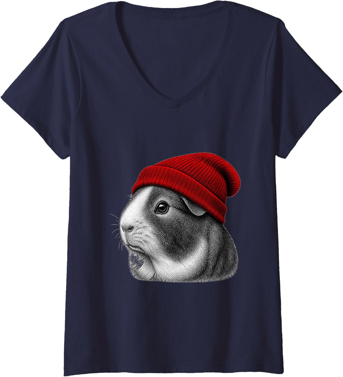 Women's Guinea Pig Wearing Beanie Funny Chill Animal Lover V-Neck T-Shirt - Navy Blue