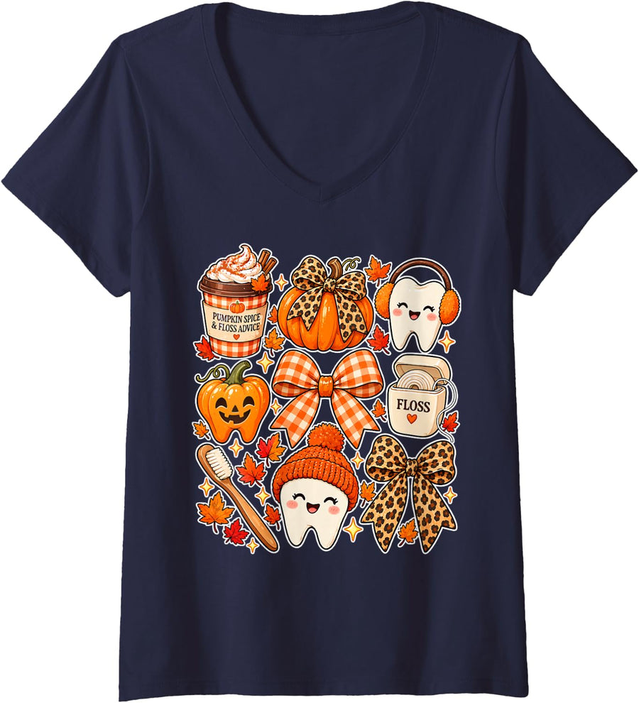 Women's Fall Dentist Halloween Tooth Pumpkin Bow Dental Hygienist V-Neck T-Shirt - Navy Blue