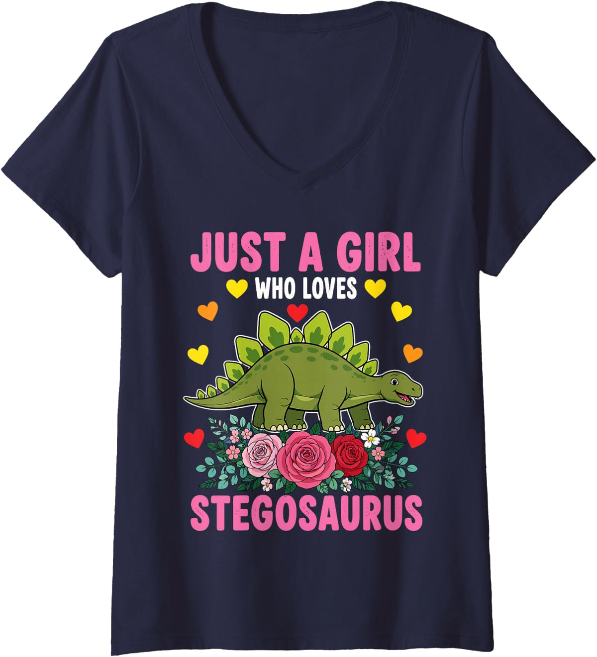 Women's Stegosaurus Art for Girls Kids Women Paleontologist Dinosaur V-Neck T-Shirt - Navy Blue