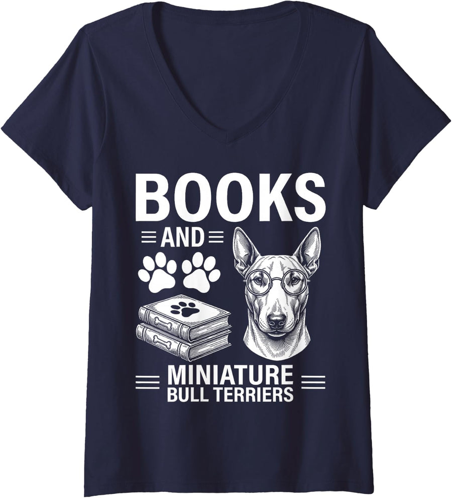 Women's Books and Miniature Bull Terriers Fun Miniature Bull Terrier V-Neck T-Shirt - Navy Blue