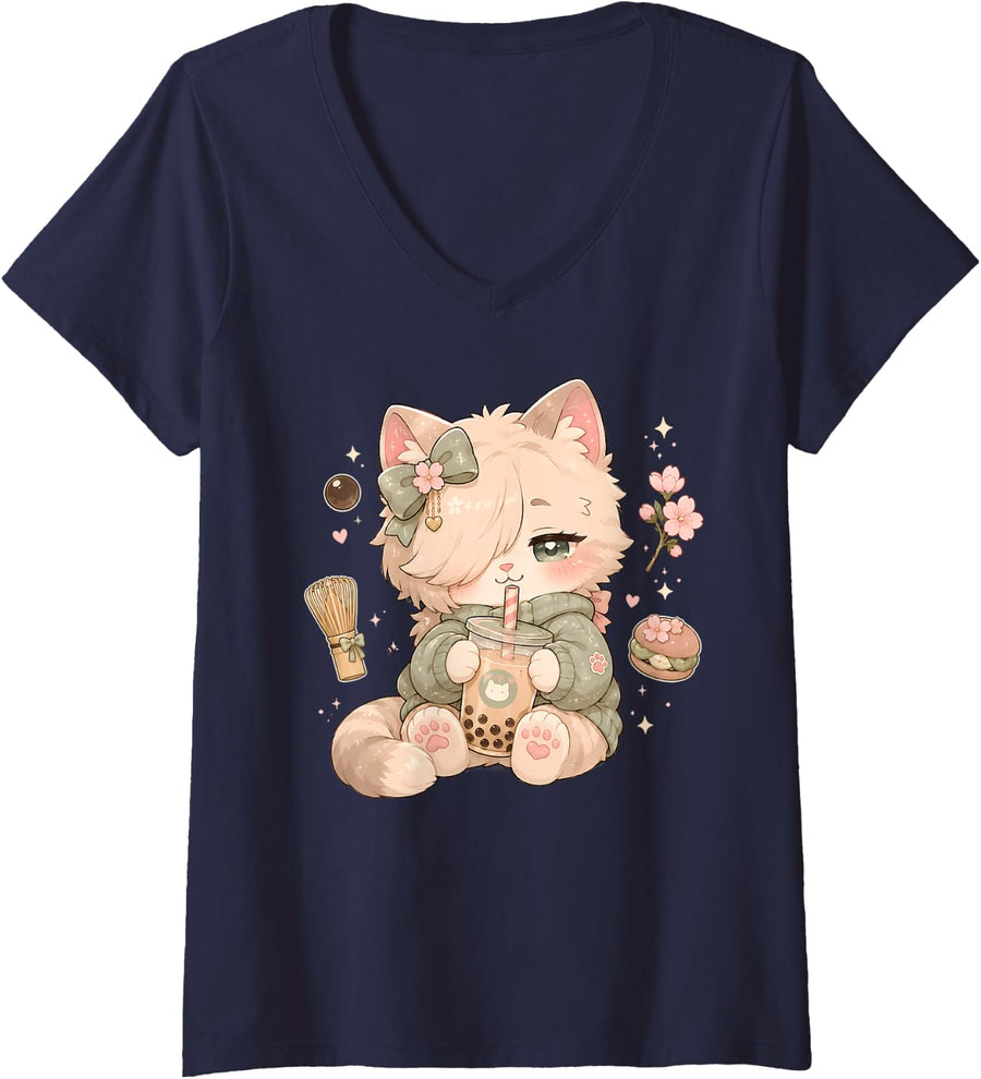 Women's Kawaii Boba Cat Cottagecore Goth Kitten Goth Girl Boy V-Neck T-Shirt - Navy Blue