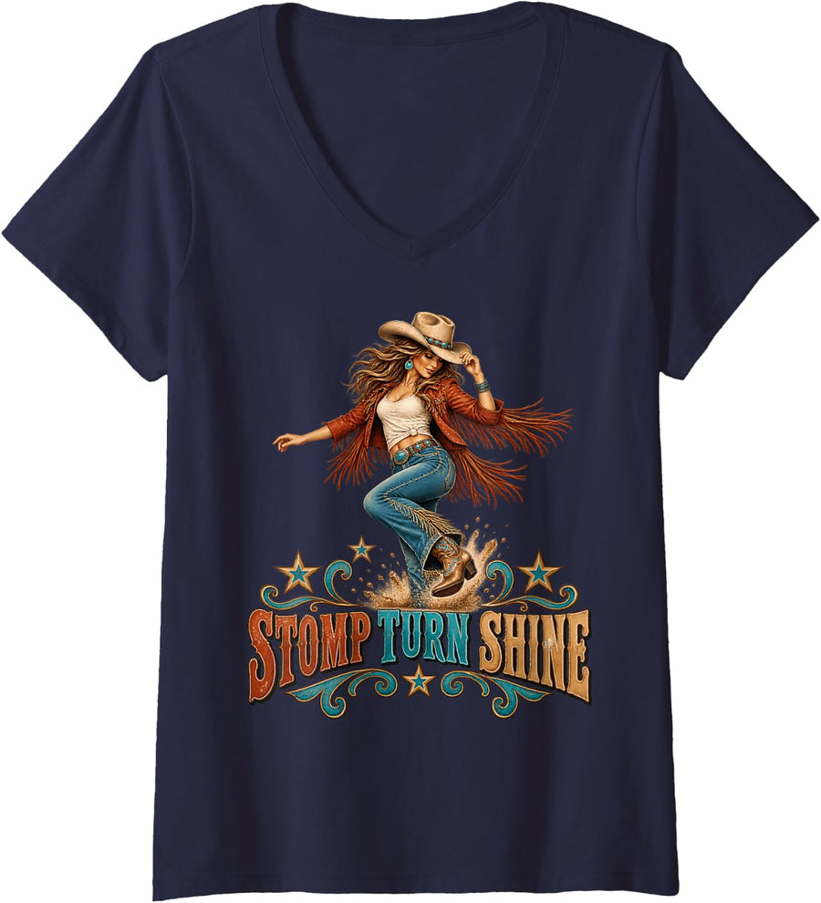 Women's Stomp Turn Shine Line Dance Cowgirl Western Dance V-Neck T-Shirt - Navy Blue