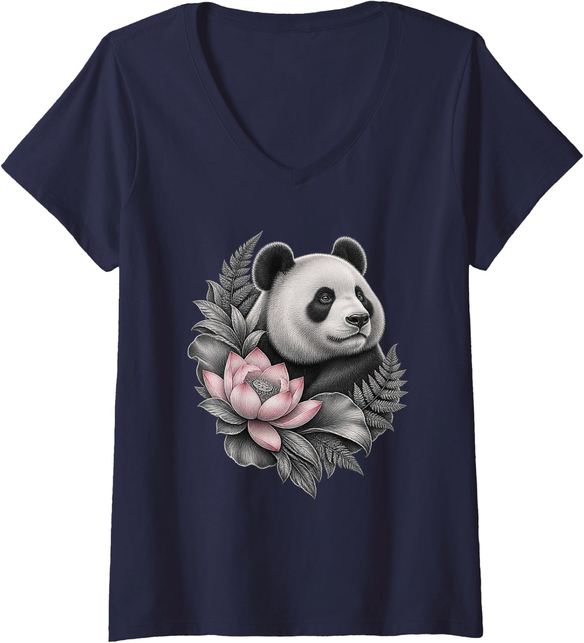 Women's Panda with Lotus Flower and Fern Fronds V-Neck T-Shirt - Navy Blue