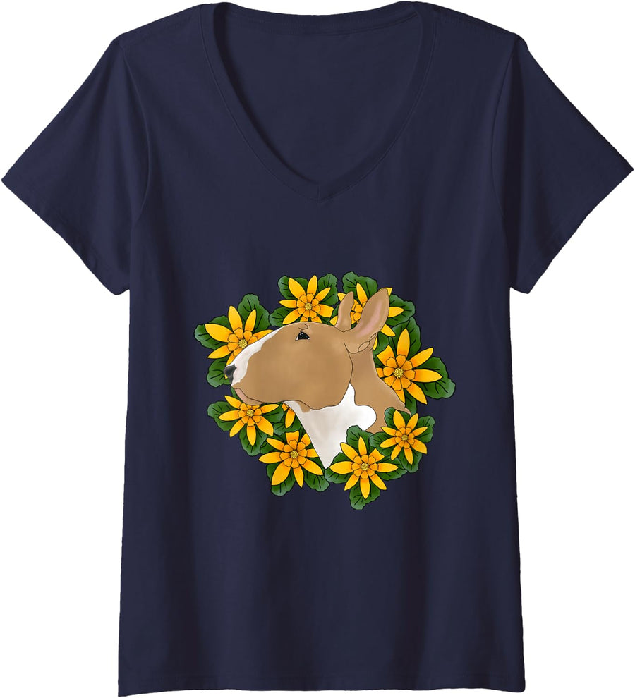 Women's Bull Terriers are Delicate Flowers V-Neck T-Shirt - Navy Blue