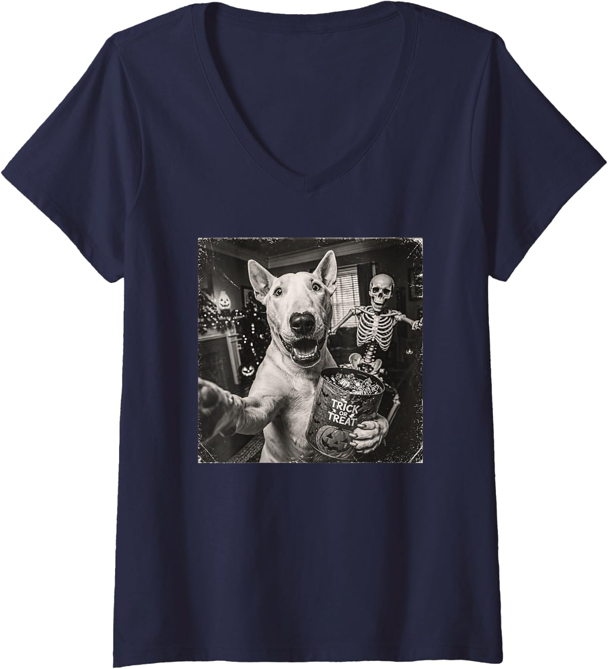 Women's Halloween Bull Terrier Selfie Scary Skeleton Dog Lover V-Neck T-Shirt - Navy Blue