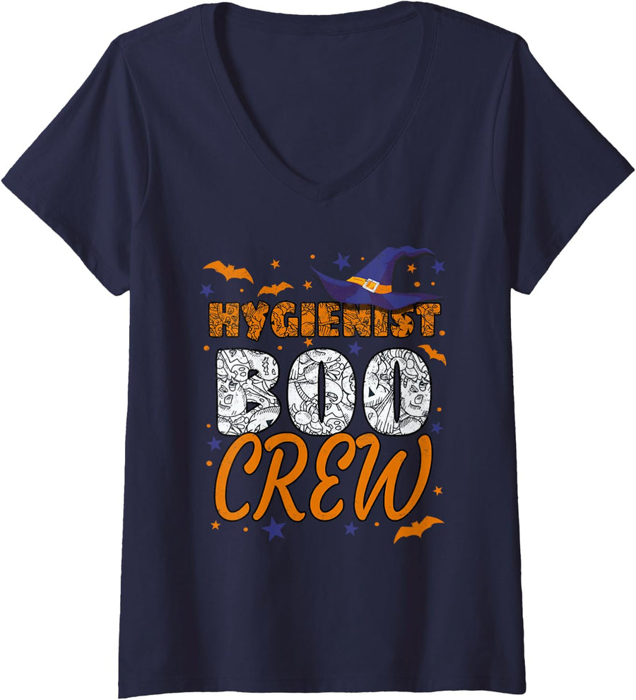 Women's Hygienist Boo Crew Halloween Dental Matching V-Neck T-Shirt - Navy Blue