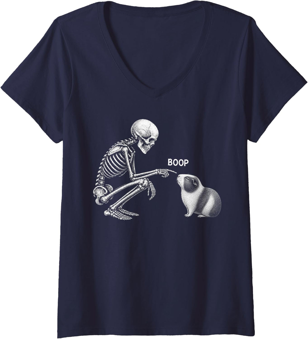 Women's Skeleton Boop Guinea Pig Nose Vintage Halloween V-Neck T-Shirt - Navy Blue