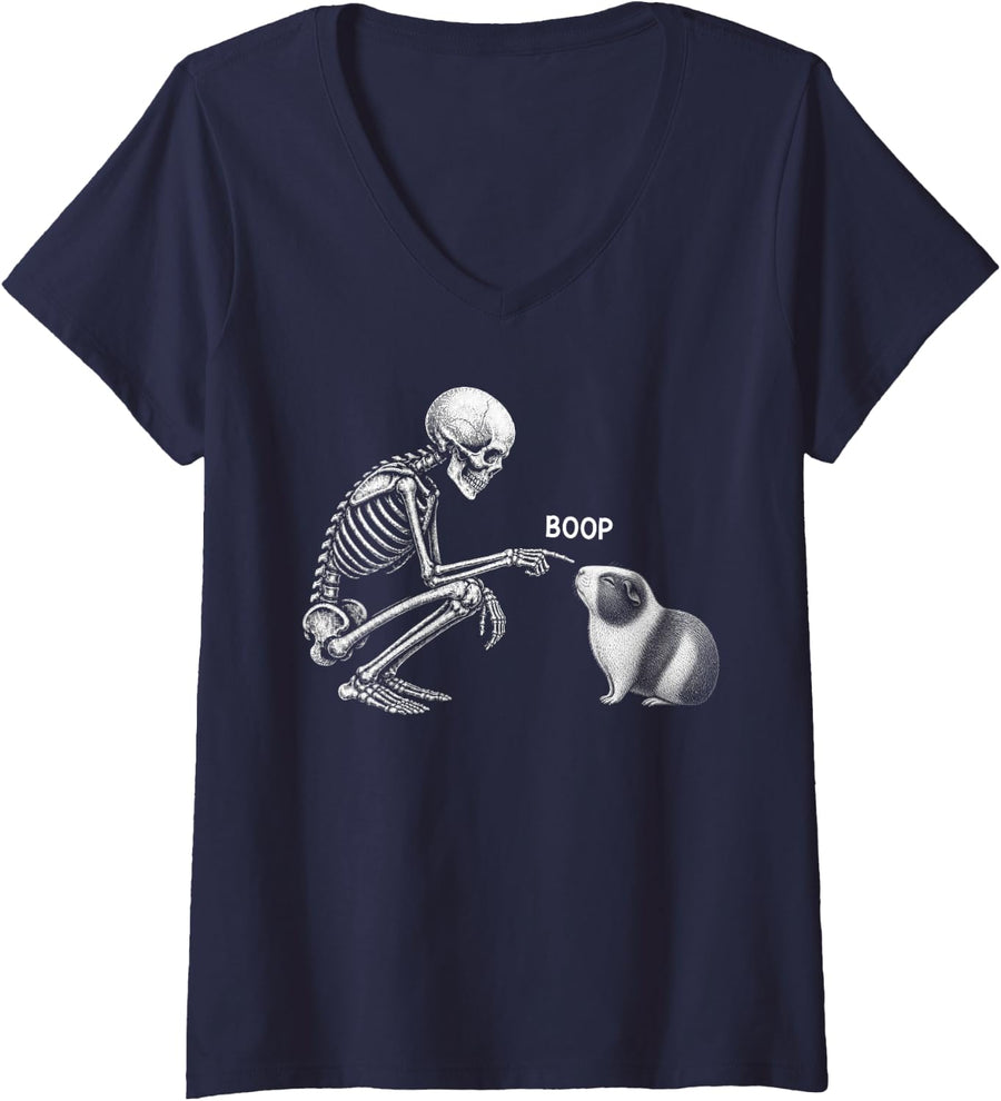 Women's Skeleton Boop Guinea Pig Nose Vintage Halloween V-Neck T-Shirt - Navy Blue