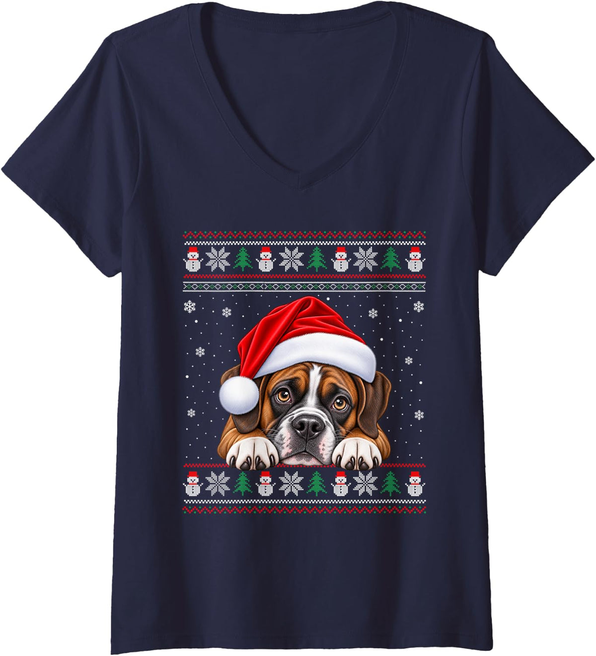 Women's Boxer Dog Ugly Christmas Sweater Santa Hat Dog Xmas V-Neck T-Shirt - Navy Blue