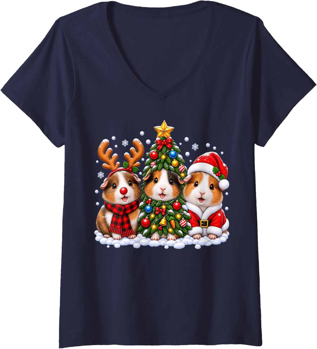 Women's Guinea Pig Merry Christmas Santa Hat Holidays Xmas V-Neck T-Shirt - Navy Blue