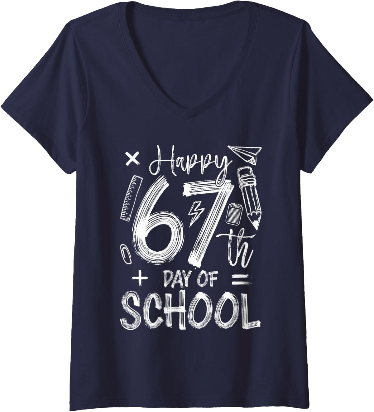 Women's Happy 67th Day of School Funny 67 Days Smarter Teacher Kids V-Neck T-Shirt - Navy Blue