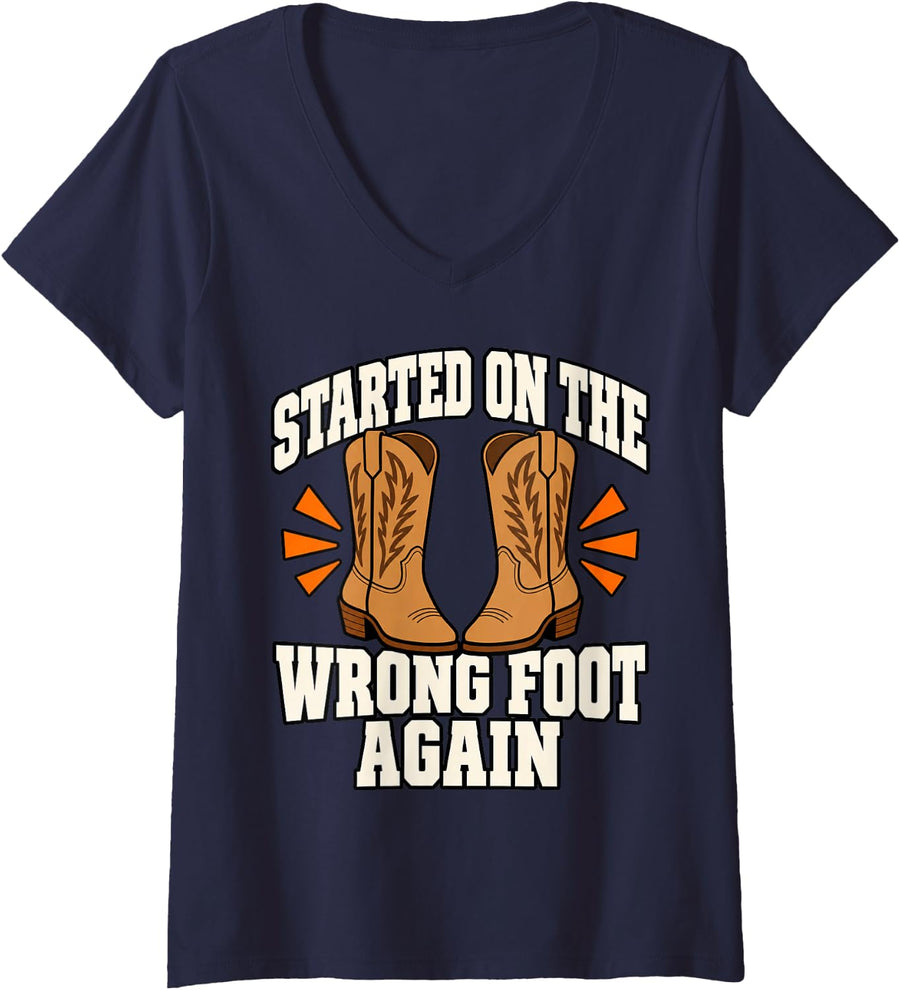 Women's Line Dancing Started On The Wrong Foot Again Boots Funny V-Neck T-Shirt - Navy Blue